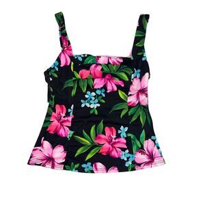 Caribbean Joe Wm's Black Multi‎ Tankini Swim Top Size 8 Tropical Beach Colorful